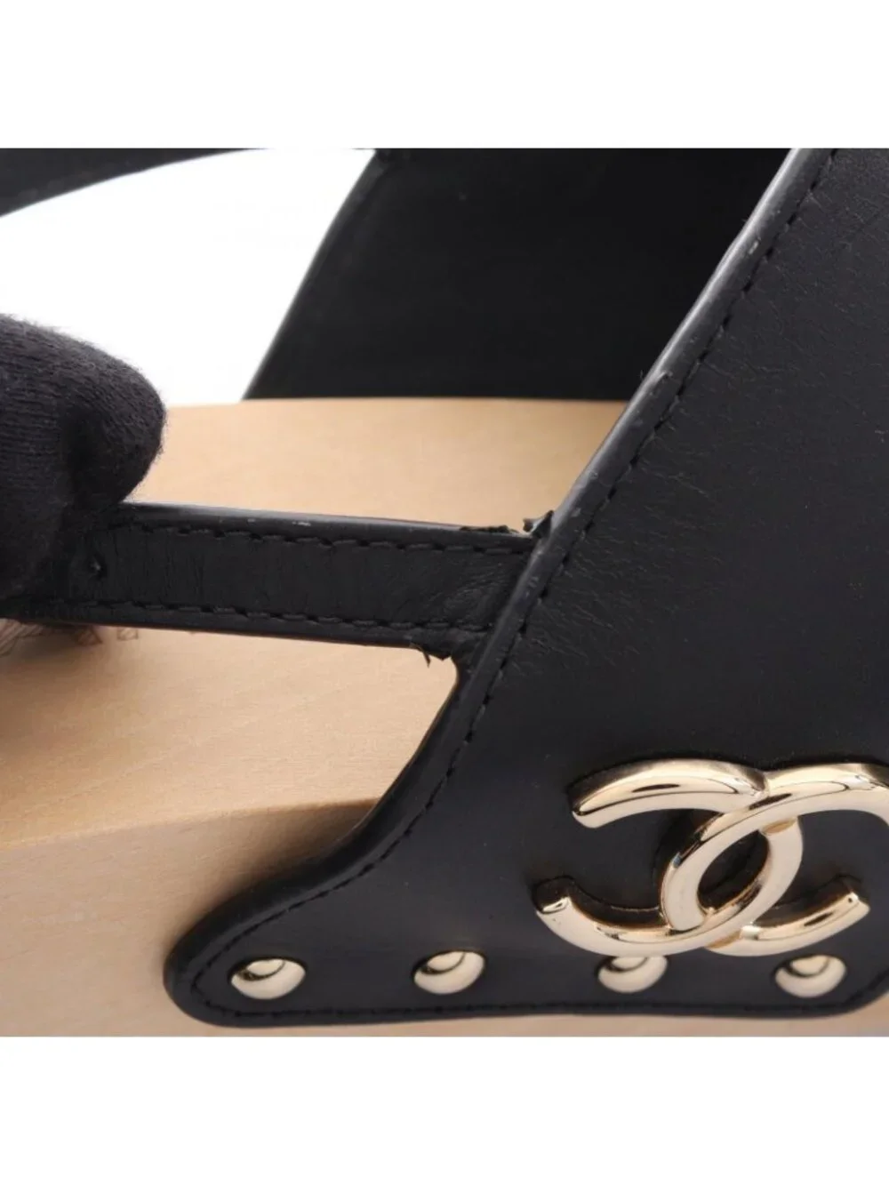 Chanel Sandals CC Logo Clover Wood Wedge Sole Leather